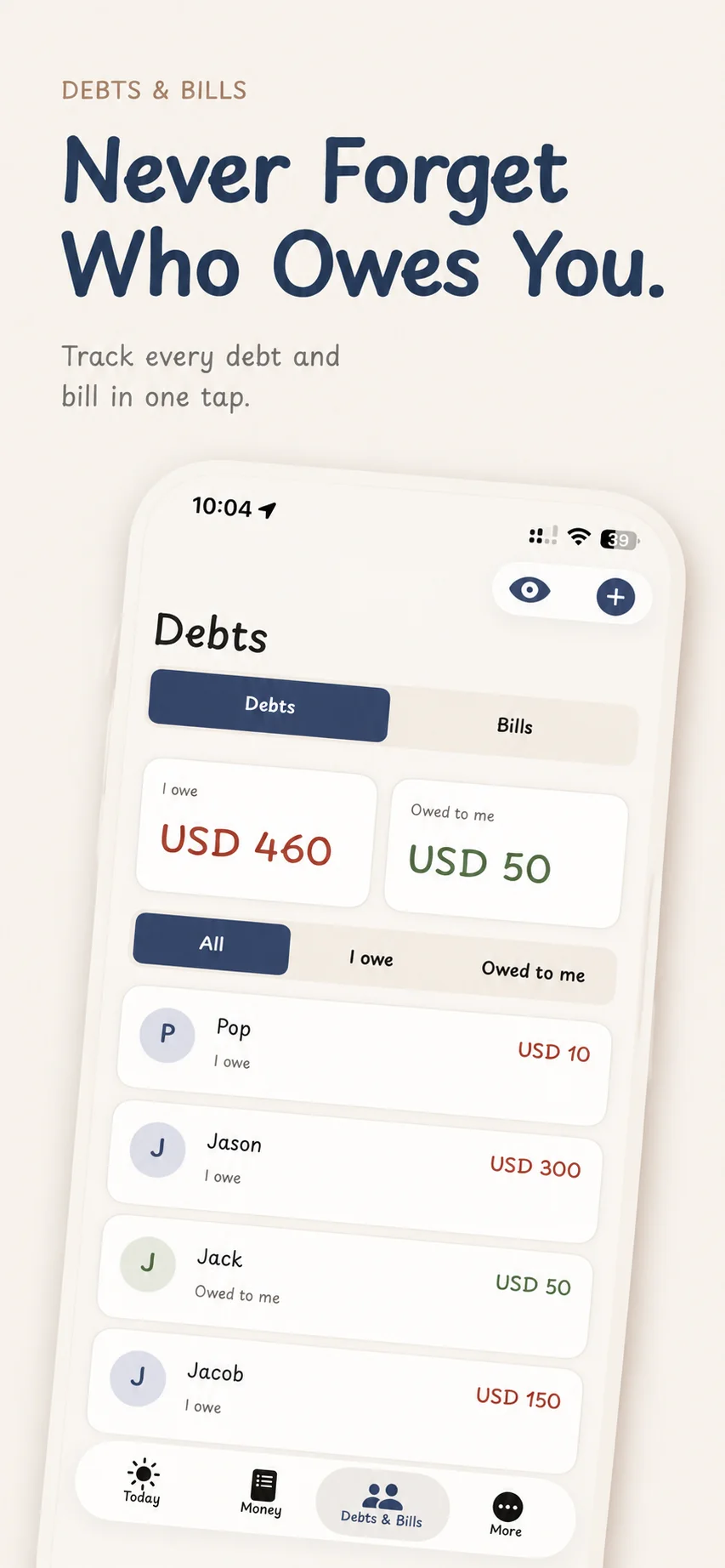 Debts screen — what you owe and what you're owed, side by side