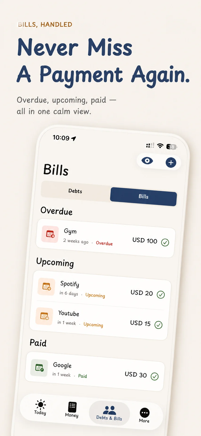 Bills screen — overdue, upcoming and paid bills in one calm view