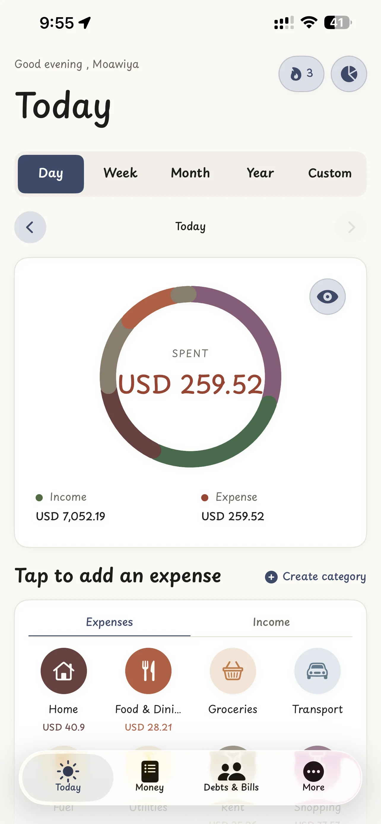 Money Saver Today screen — spending donut, income and expense, and quick category logging